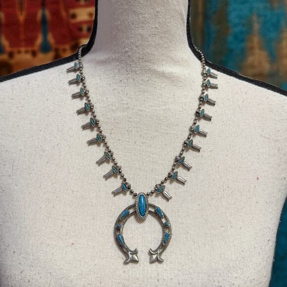 Herman Style Turquoise Squash Blossom Necklace 59.1g HMS Chain 13.25" Drop - Picture 1 of 6
